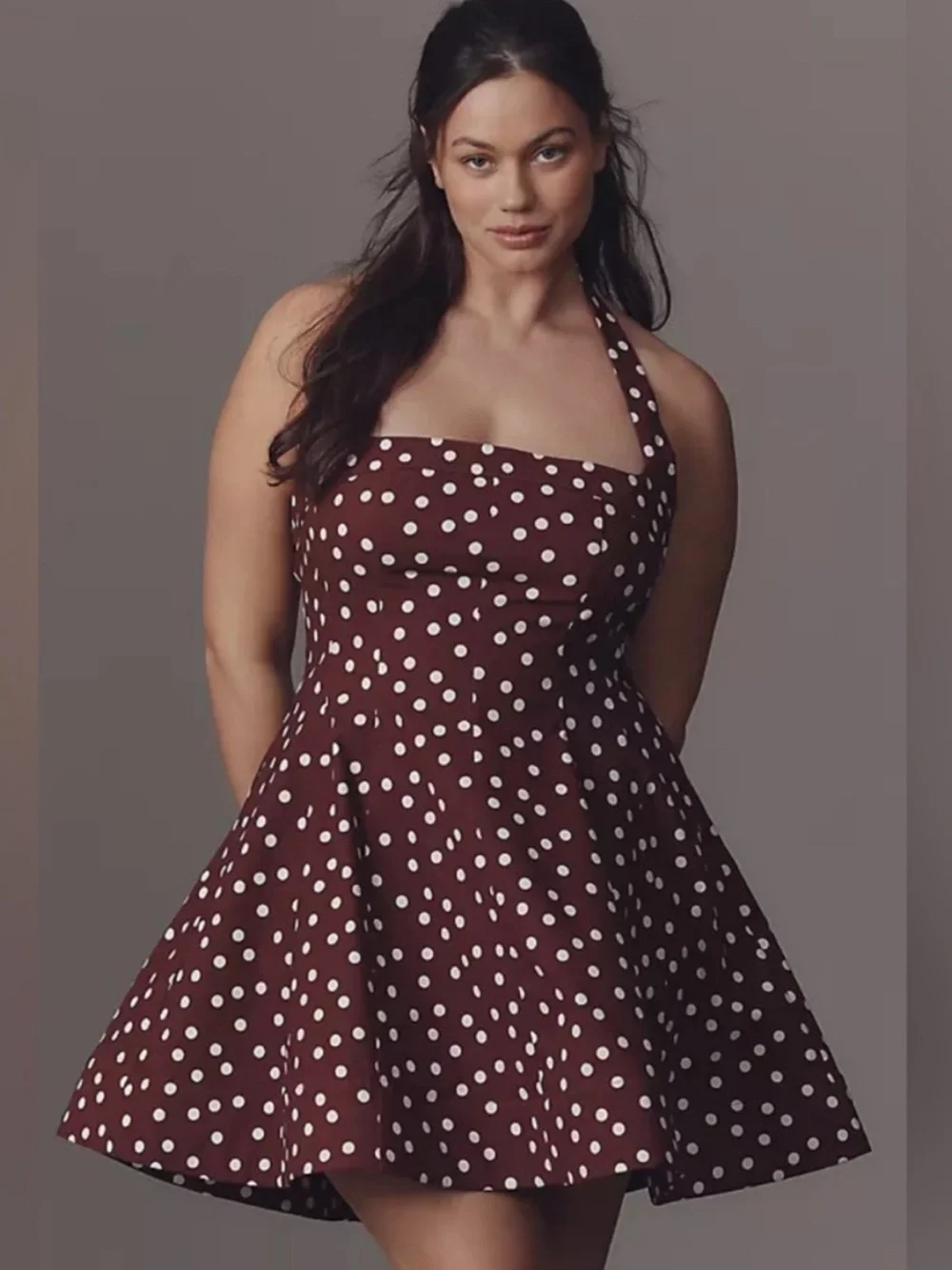 Maeve Brownish Burgundy and White Polka Dot Halter Mini Dress - Picture 1 of 4